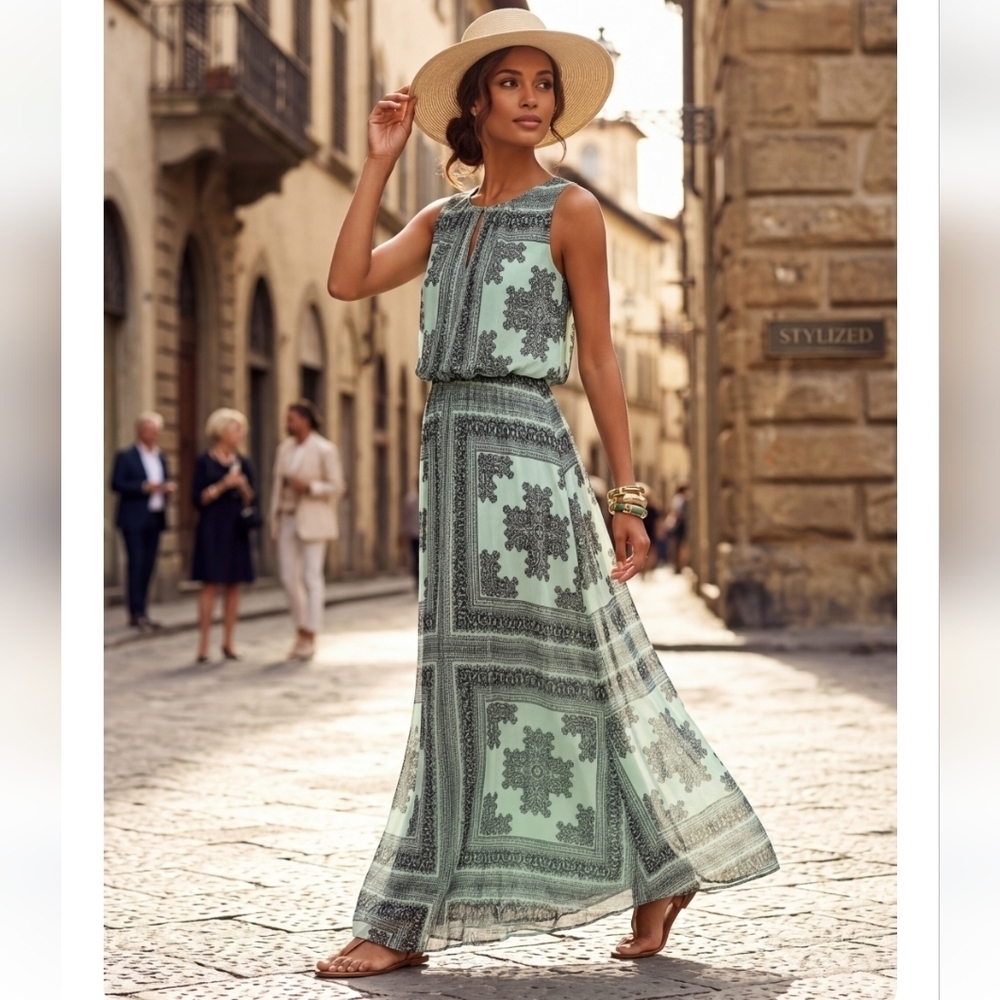 Women's Cleo Sleeveless Green Geometric Maxi Dress - size 4 like new